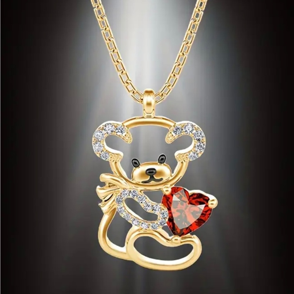 Bear Pendant Necklace With Red Heart Charm